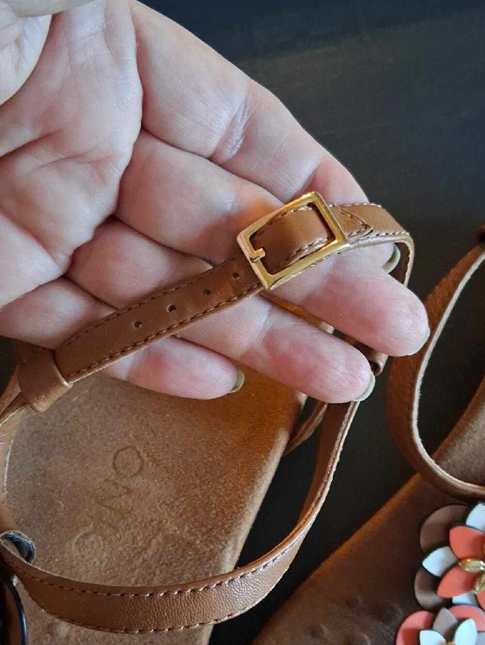 Vionic Brown Paulie T-Strap Sandals with Coral and White Floral Accents - Picture 11 of 14